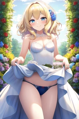 मध्यम बाल, लहराते बाल, हँसना, छोटे स्तनों, स्कर्ट ऊपर उठाना, पैंट, स्कर्ट, महाकाव्य, फूल का मैदान, शादी का कपड़ा, पोशाक